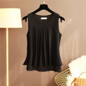 Plus Size Summer Chiffon Blouse Shirt for Women Fashion Sleeveless O-Neck Casual Thin Vest All-match Tops Korean Style 11 Colors