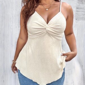 Plus Size Summer Vintage Sexy Camis Casual Solid Vacation Tank Tops V Neck Twist Asymmetrical Curve Clothing