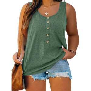 Plus Size 2024 New Colored Cotton Casual U-neck Sleeveless Tank Top Solid Button Tank Top