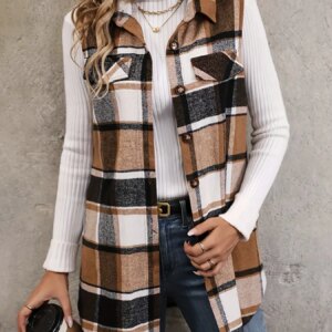 Women Plus Size 1XL-5XL Plaid Print Flap Detail Sleeveless Coat Ladies Fashion Sleeveless Thick Thermal Vest Women Outwear