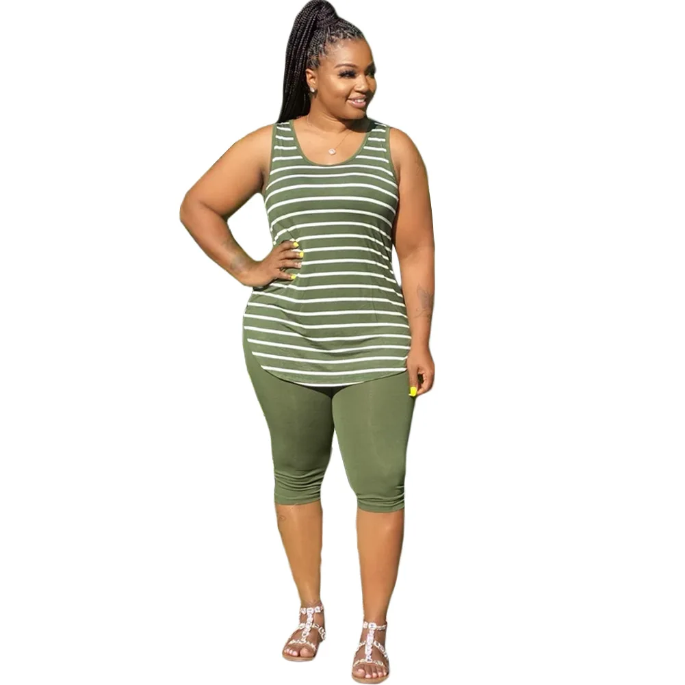 CM.YAYA Women Plus Size XL-5XL Sport two piece set Tracksuit Striped Tank Tops Knee Length jogger Suit Sweatpants Matching Set