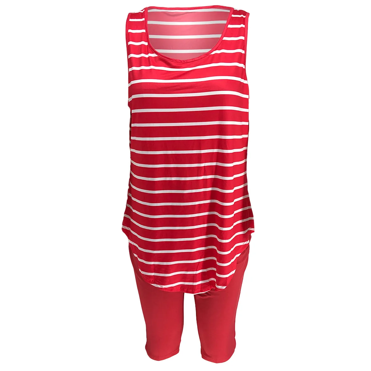 CM.YAYA Women Plus Size XL-5XL Sport two piece set Tracksuit Striped Tank Tops Knee Length jogger Suit Sweatpants Matching Set