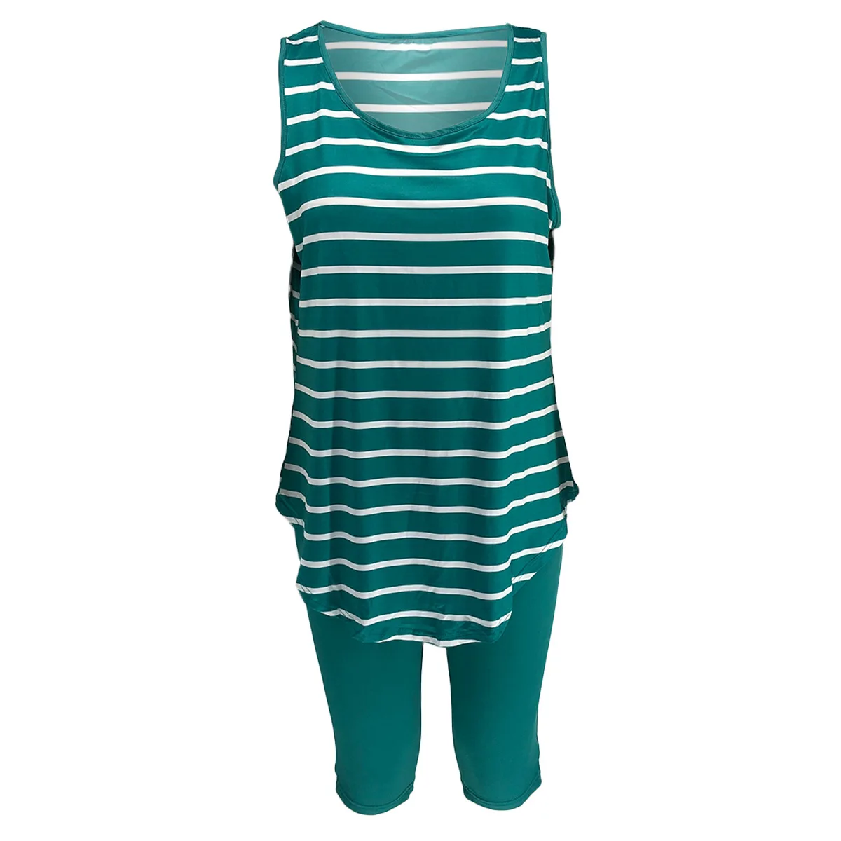 CM.YAYA Women Plus Size XL-5XL Sport two piece set Tracksuit Striped Tank Tops Knee Length jogger Suit Sweatpants Matching Set
