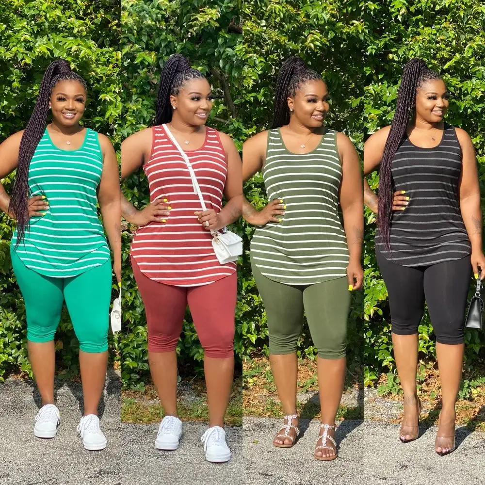 CM.YAYA Women Plus Size XL-5XL Sport two piece set Tracksuit Striped Tank Tops Knee Length jogger Suit Sweatpants Matching Set