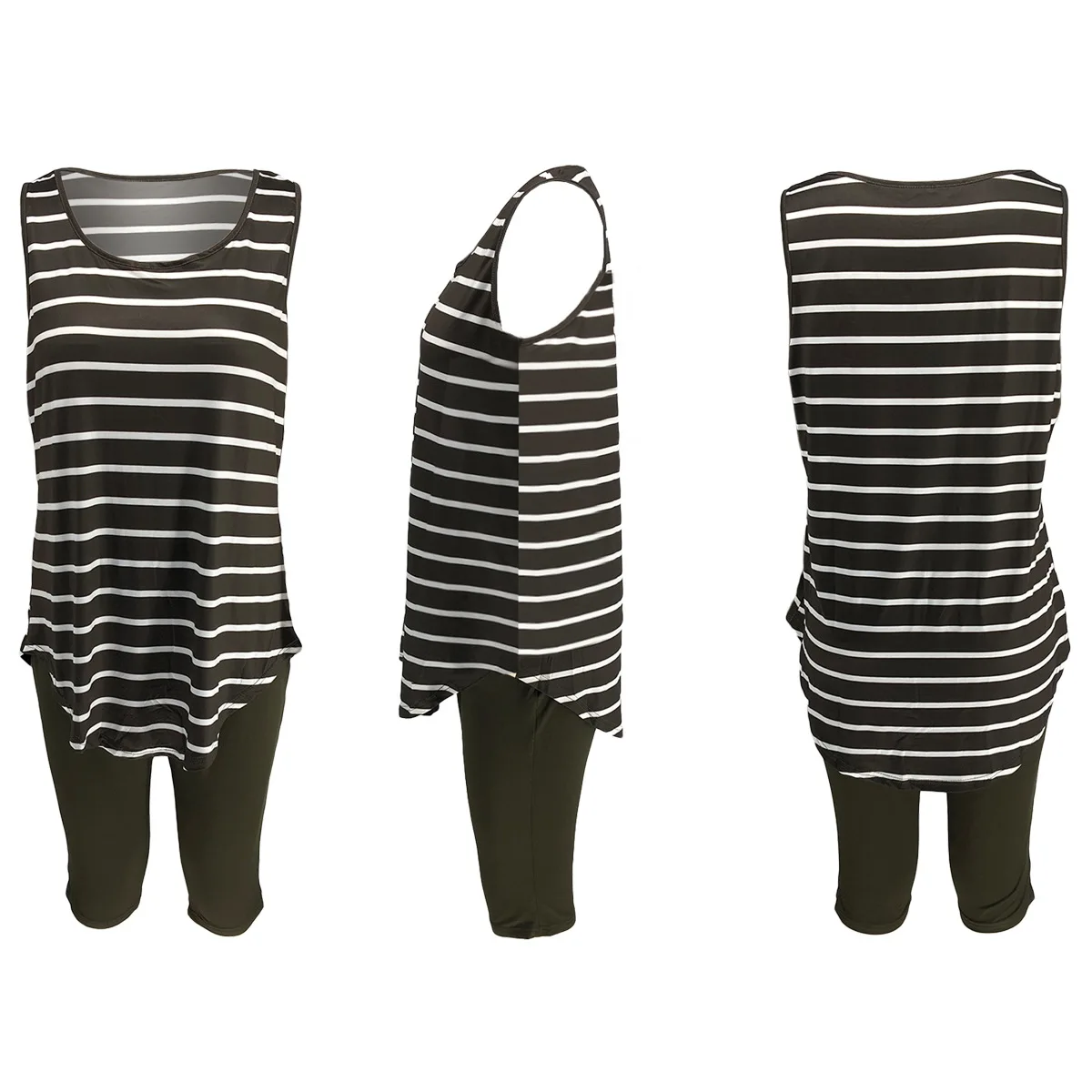 CM.YAYA Women Plus Size XL-5XL Sport two piece set Tracksuit Striped Tank Tops Knee Length jogger Suit Sweatpants Matching Set