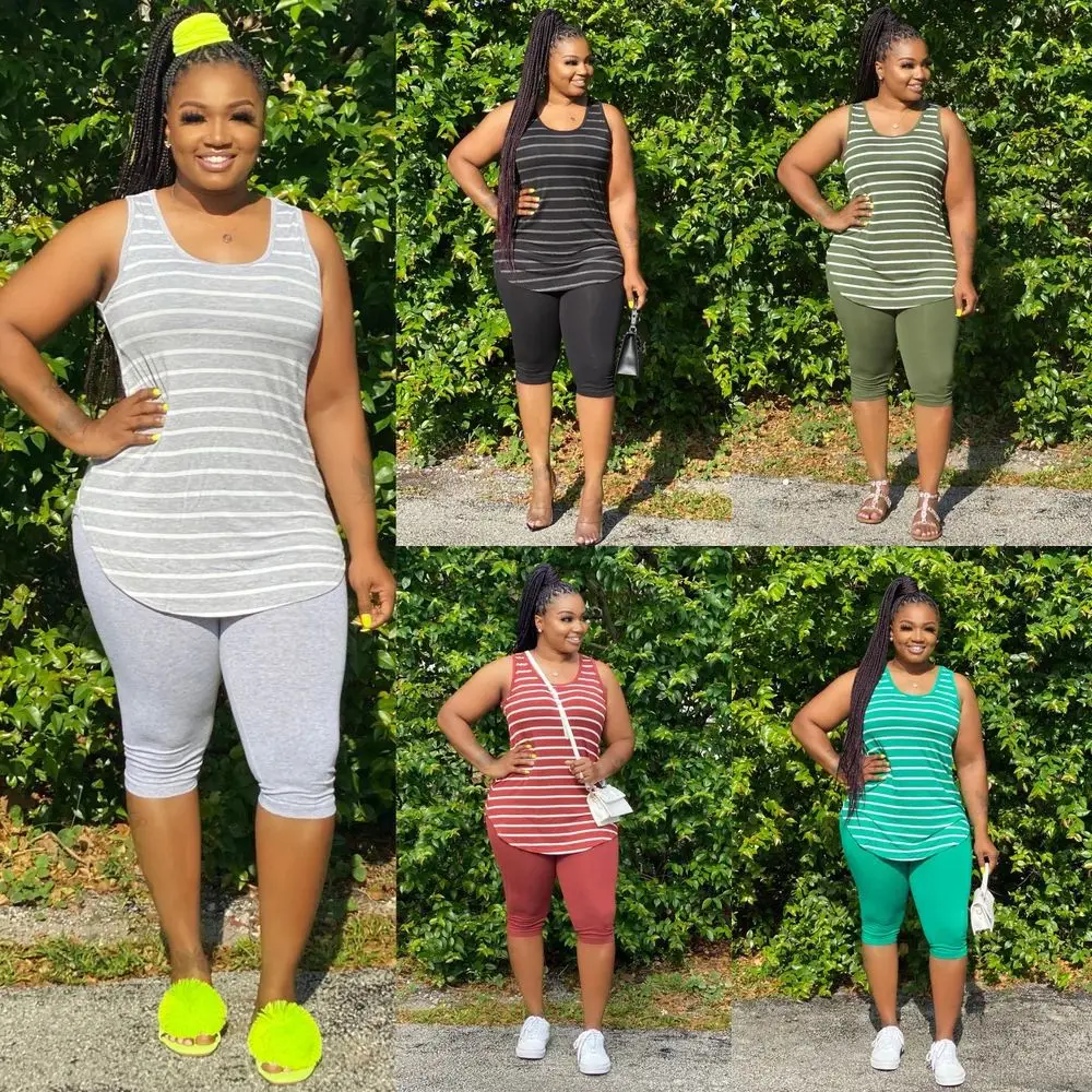 CM.YAYA Women Plus Size XL-5XL Sport two piece set Tracksuit Striped Tank Tops Knee Length jogger Suit Sweatpants Matching Set