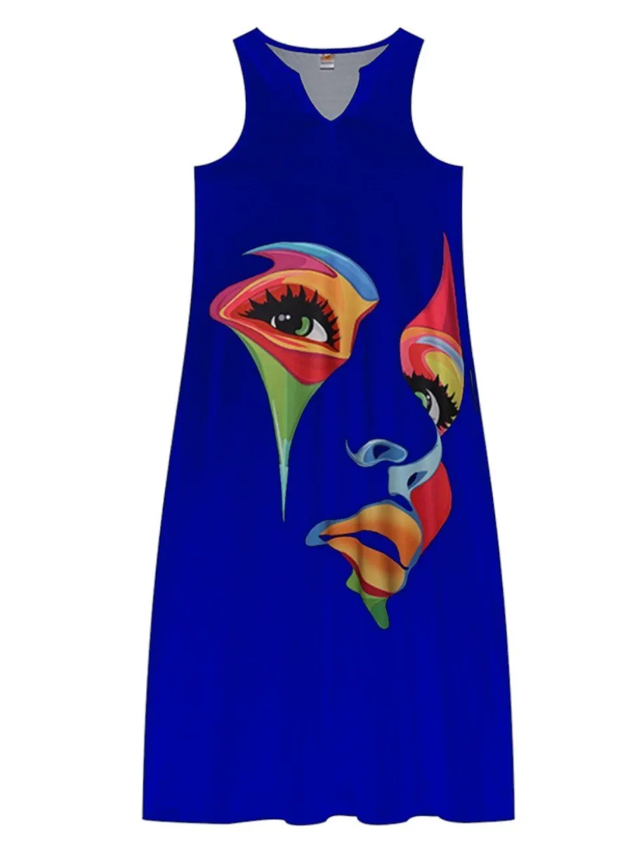 LW Plus Size Dress Figure Print Cami Loose V Neck Straight Tank Floor Length A Line Stretch Daily Summer Women Clothings