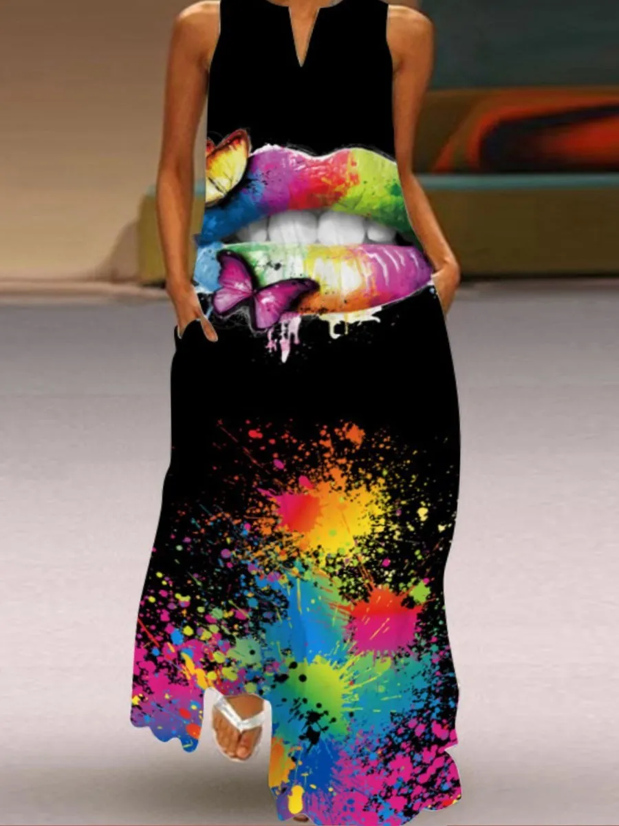 LW Plus Size Dress Figure Print Cami Loose V Neck Straight Tank Floor Length A Line Stretch Daily Summer Women Clothings