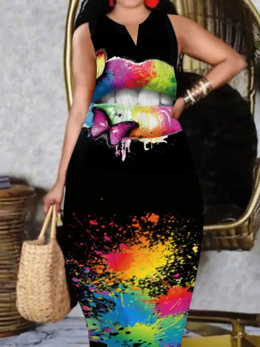 LW Plus Size Dress Figure Print Cami Loose V Neck Straight Tank Floor Length A Line Stretch Daily Summer Women Clothings