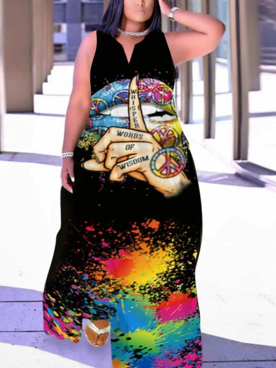 LW Plus Size Dress Figure Print Cami Loose V Neck Straight Tank Floor Length A Line Stretch Daily Summer Women Clothings