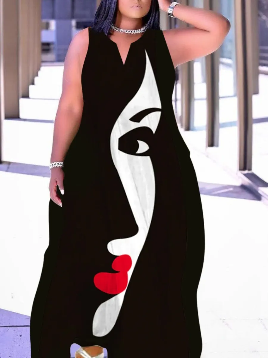LW Plus Size Dress Figure Print Cami Loose V Neck Straight Tank Floor Length A Line Stretch Daily Summer Women Clothings
