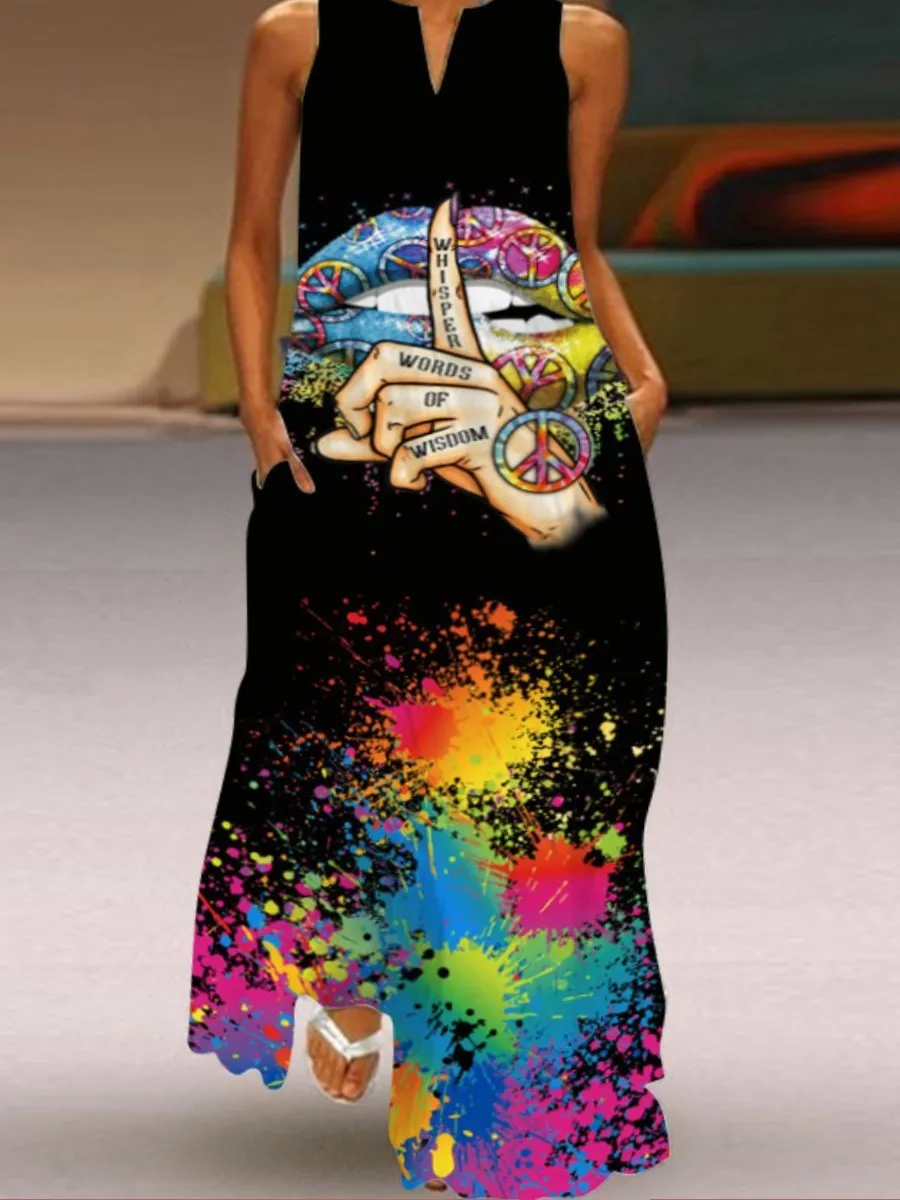LW Plus Size Dress Figure Print Cami Loose V Neck Straight Tank Floor Length A Line Stretch Daily Summer Women Clothings