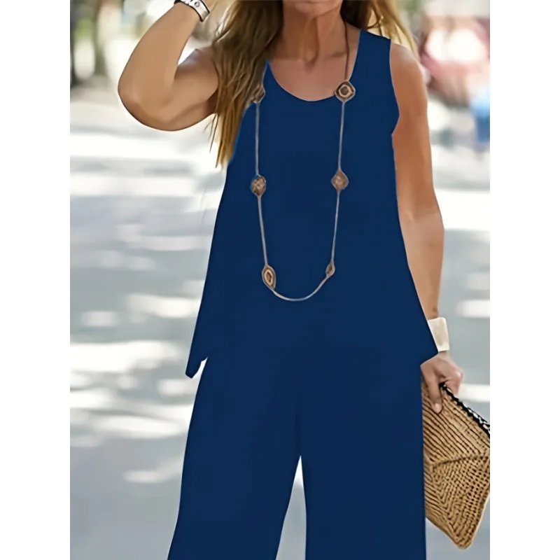 Plus Size Womens Casual Solid Round Neck Tank Top & Wide Leg Pants Outfit Set 2 Piece Wardrobe Staple for Effortless Style