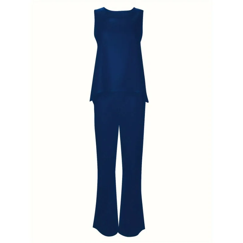 Plus Size Womens Casual Solid Round Neck Tank Top & Wide Leg Pants Outfit Set 2 Piece Wardrobe Staple for Effortless Style