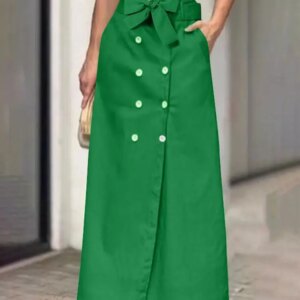 Plus Size 5XL VONDA Women Elegant Maxi Skirts 2024 Fashion Solid Color Bow Belt Casual Buttons Long Skirts Pockets Loose Bottoms