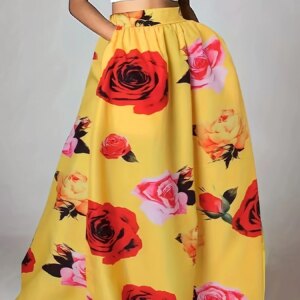 Plus-size Bohemian Ladies high-waisted skirt Elegant floral print, A-cut, Waist with Pockets, Casual Chic Lady, Vintage, Party,