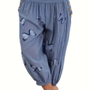 Women's Plus Size 1XL-5XL Casual Comfortable Capri Pants Fashion Butterfly Print Button Pocket Capri Pants