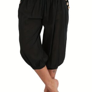 Women's Fashion Plus Size 1XL-5XL Solid Color Button Pocket Loose Capri Casual Loose Comfortable Bloomers