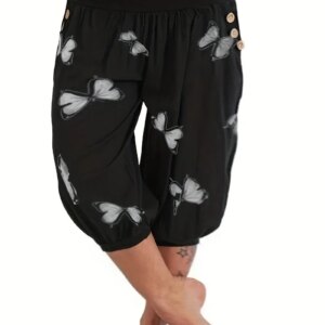 Plus Size 1XL-8XL Butterfly Capri Pants Comfy Stretch Waistband Breathable Easy-Care Polyester Blend