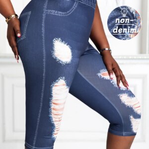 Plus Size Women's Capri Pants Faux Denim Print with Distressed Detail High Elasticity Comfortable Knit Mid-Calf Trousers