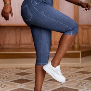 Women's Plus Size Imitation Denim Print Capri Leggings Stylish Elastic Knit Sporty Pants Comfortable and Fashionable Mid-Lengt