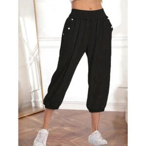 Women's Plus-size 1XL-5XL Casual Waist Capri Pants Fashion Button-up Pants Women's Solid Color Pocket Capri Pants