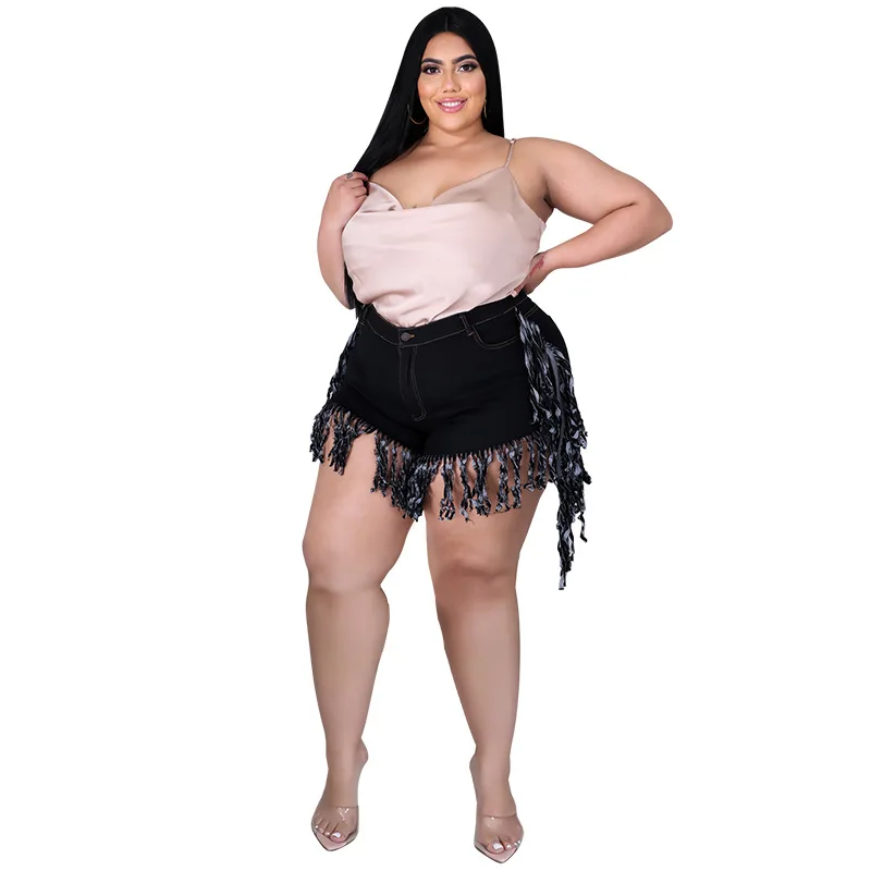 Perl Tassel High Waist Denim Shorts Plus Size Jean Capris Fashion Women Clothing Zipper Sweatpants Casual Leg-opening Pants 2022