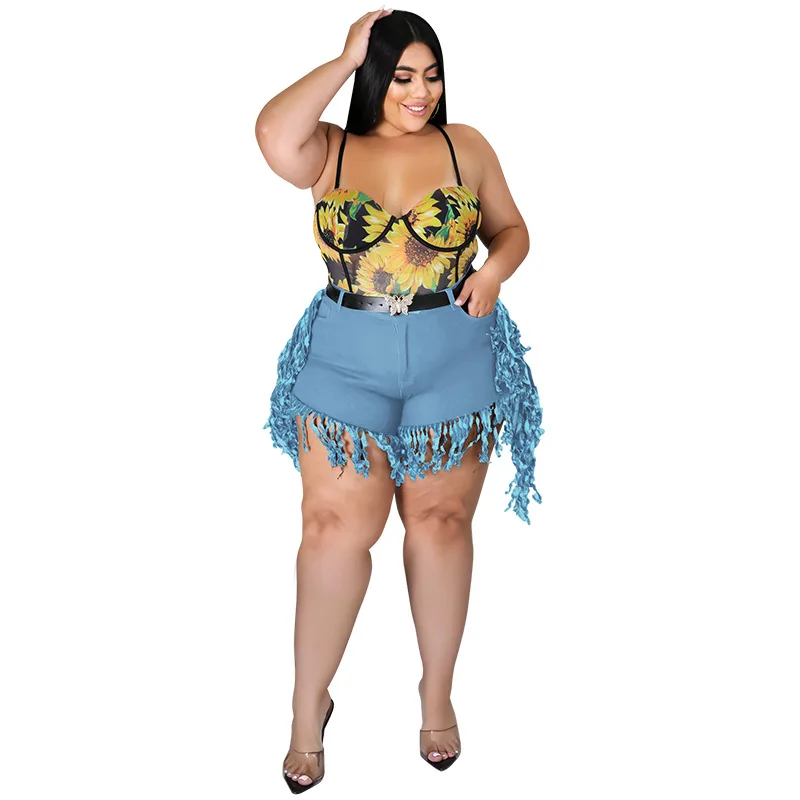 Perl Tassel High Waist Denim Shorts Plus Size Jean Capris Fashion Women Clothing Zipper Sweatpants Casual Leg-opening Pants 2022