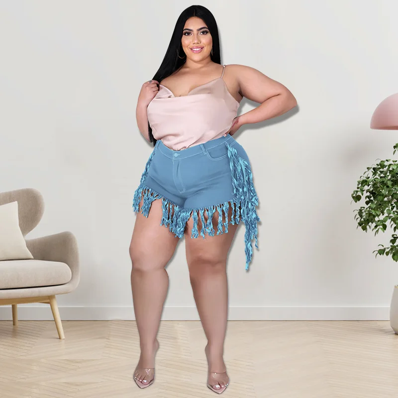 Perl Tassel High Waist Denim Shorts Plus Size Jean Capris Fashion Women Clothing Zipper Sweatpants Casual Leg-opening Pants 2022
