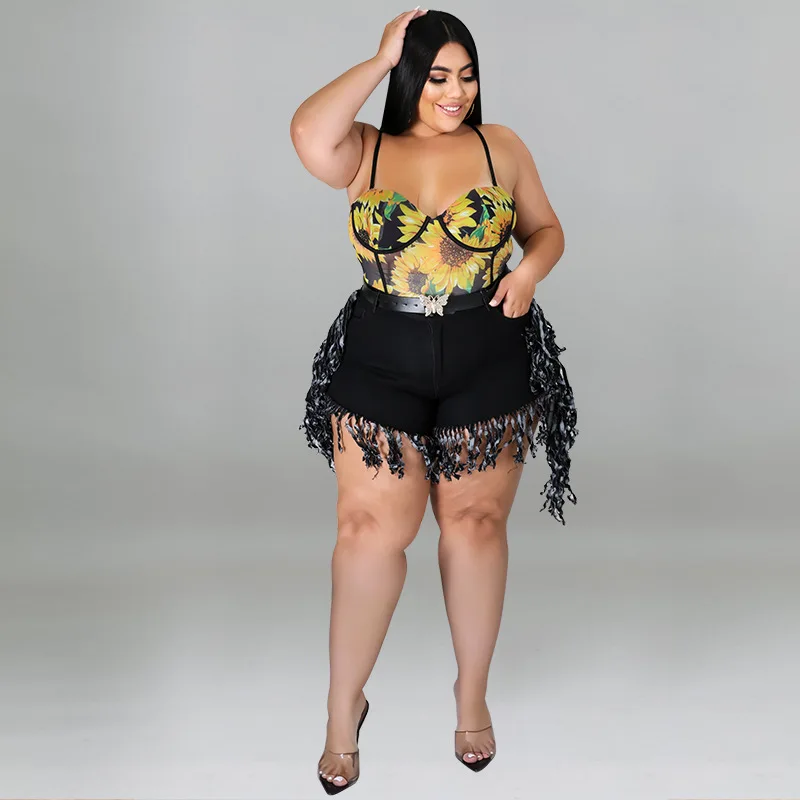 Perl Tassel High Waist Denim Shorts Plus Size Jean Capris Fashion Women Clothing Zipper Sweatpants Casual Leg-opening Pants 2022