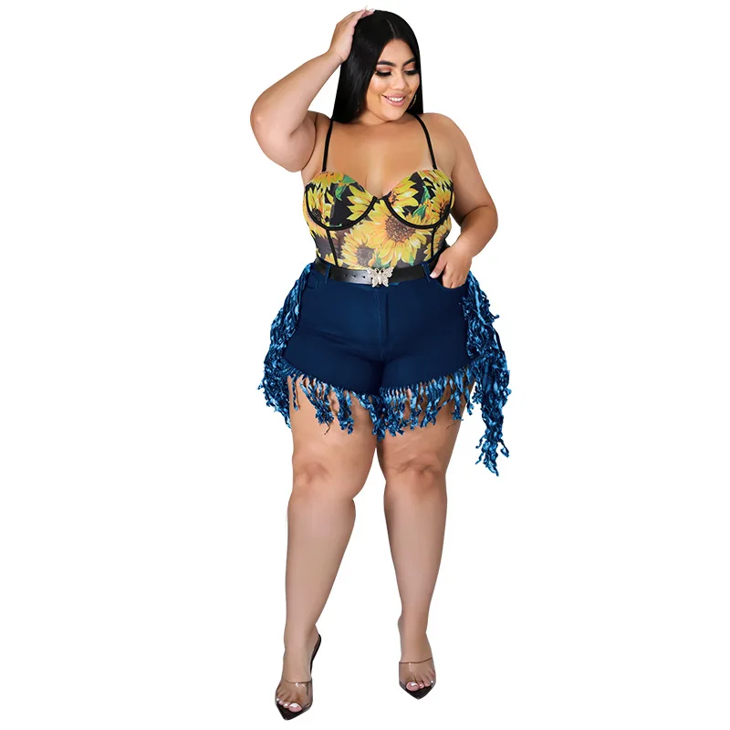 Perl Tassel High Waist Denim Shorts Plus Size Jean Capris Fashion Women Clothing Zipper Sweatpants Casual Leg-opening Pants 2022