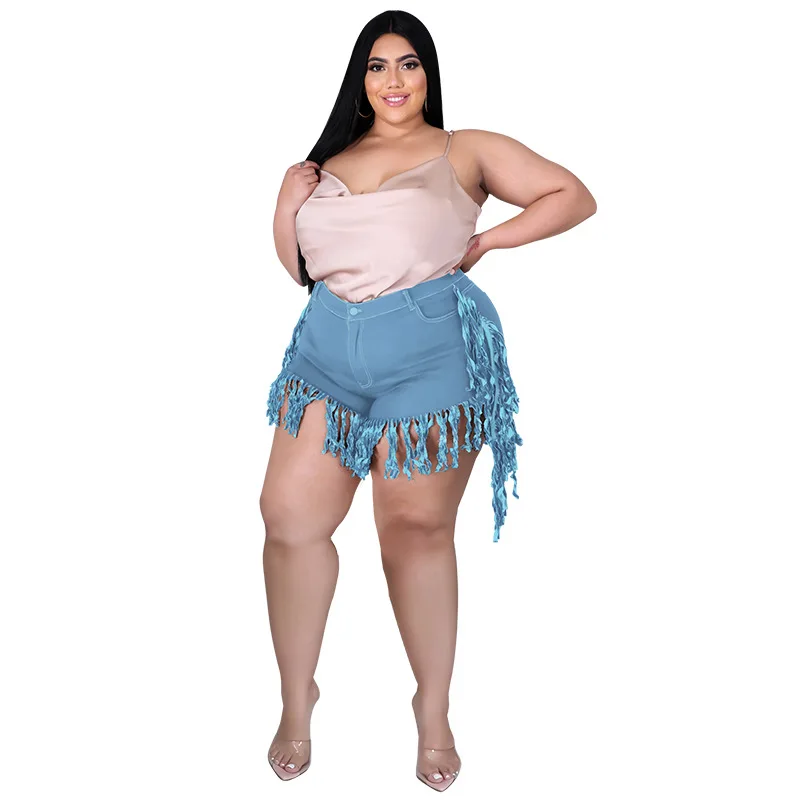 Perl Tassel High Waist Denim Shorts Plus Size Jean Capris Fashion Women Clothing Zipper Sweatpants Casual Leg-opening Pants 2022