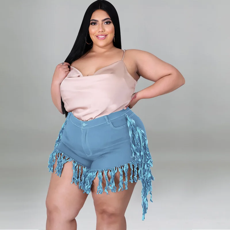 Perl Tassel High Waist Denim Shorts Plus Size Jean Capris Fashion Women Clothing Zipper Sweatpants Casual Leg-opening Pants 2022