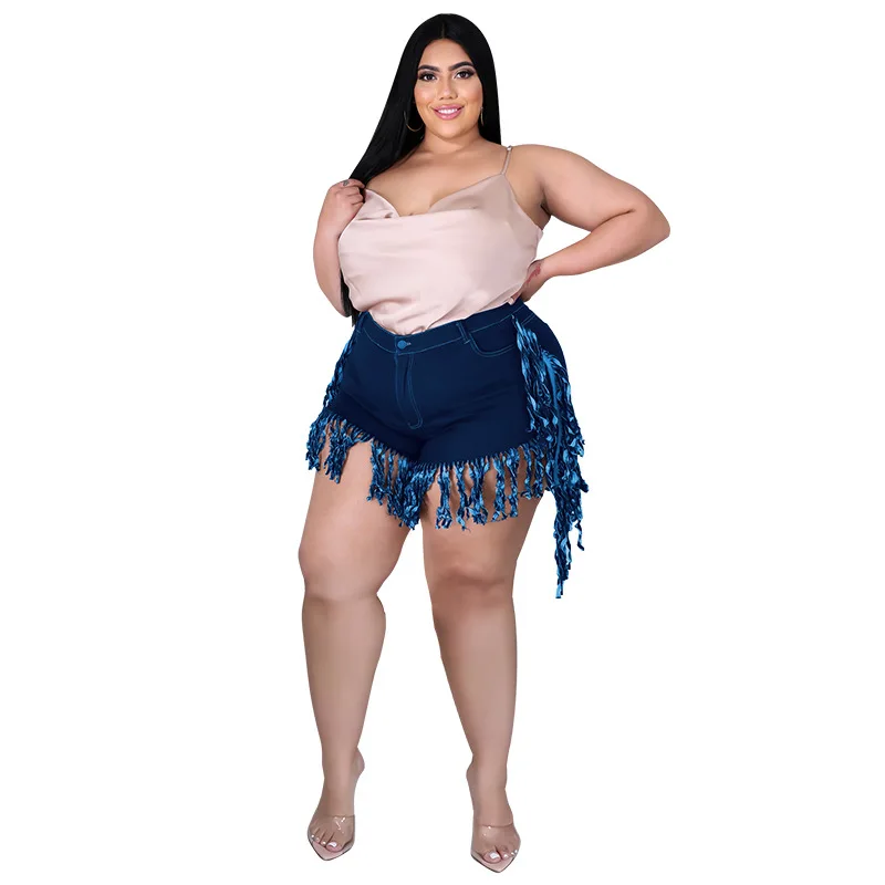 Perl Tassel High Waist Denim Shorts Plus Size Jean Capris Fashion Women Clothing Zipper Sweatpants Casual Leg-opening Pants 2022
