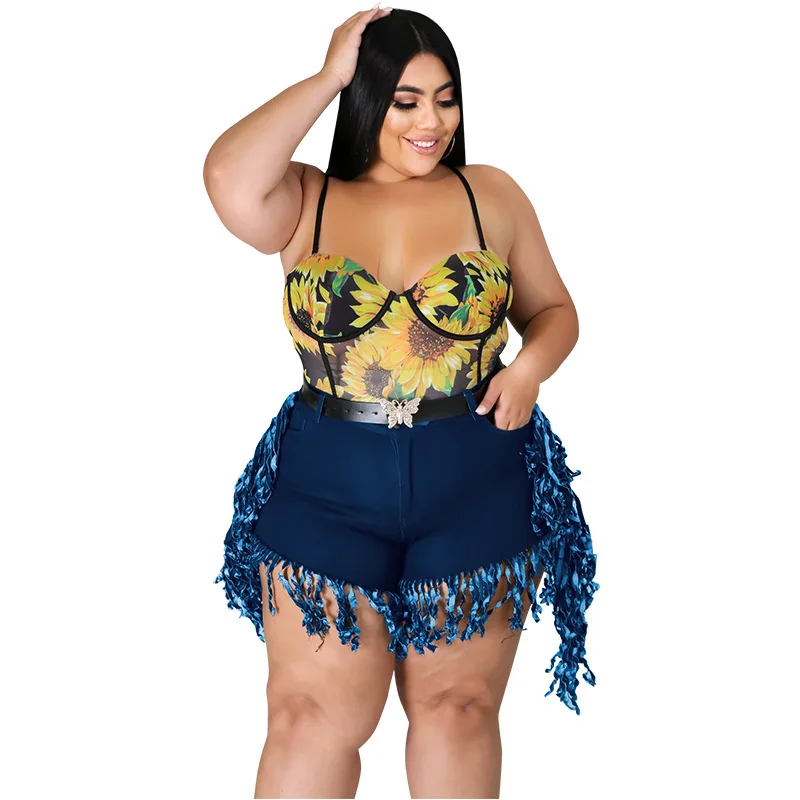 Perl Tassel High Waist Denim Shorts Plus Size Jean Capris Fashion Women Clothing Zipper Sweatpants Casual Leg-opening Pants 2022