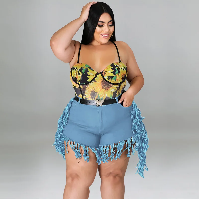 Perl Tassel High Waist Denim Shorts Plus Size Jean Capris Fashion Women Clothing Zipper Sweatpants Casual Leg-opening Pants 2022