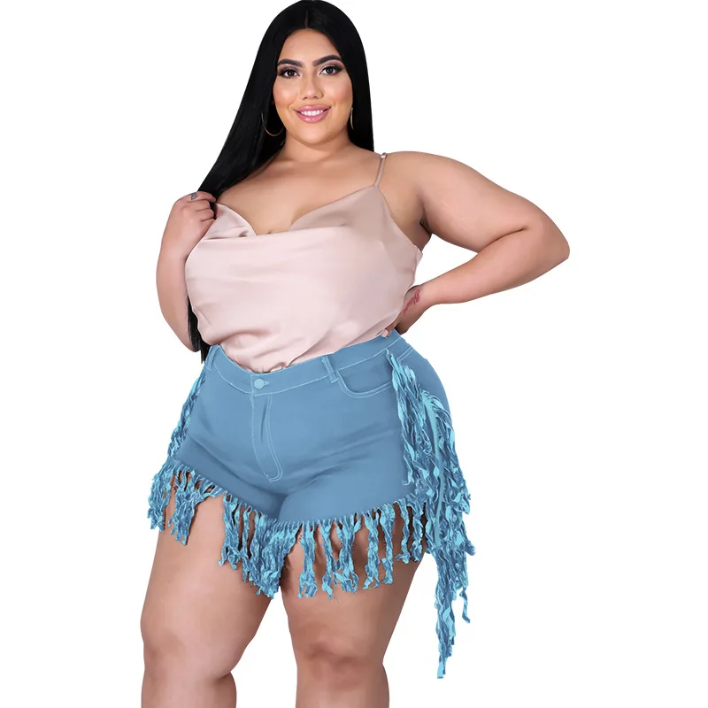 Perl Tassel High Waist Denim Shorts Plus Size Jean Capris Fashion Women Clothing Zipper Sweatpants Casual Leg-opening Pants 2022