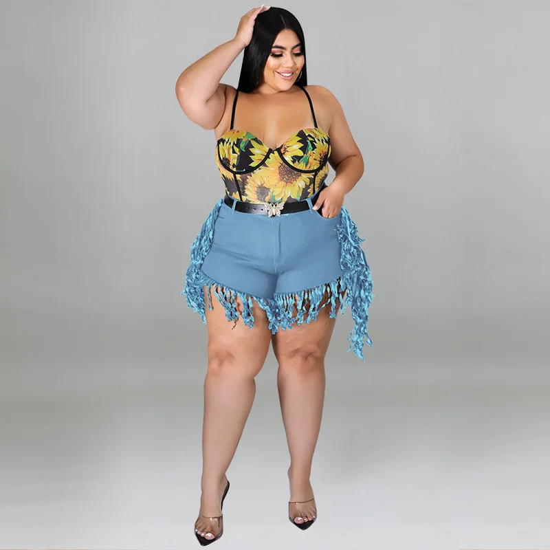Perl Tassel High Waist Denim Shorts Plus Size Jean Capris Fashion Women Clothing Zipper Sweatpants Casual Leg-opening Pants 2022