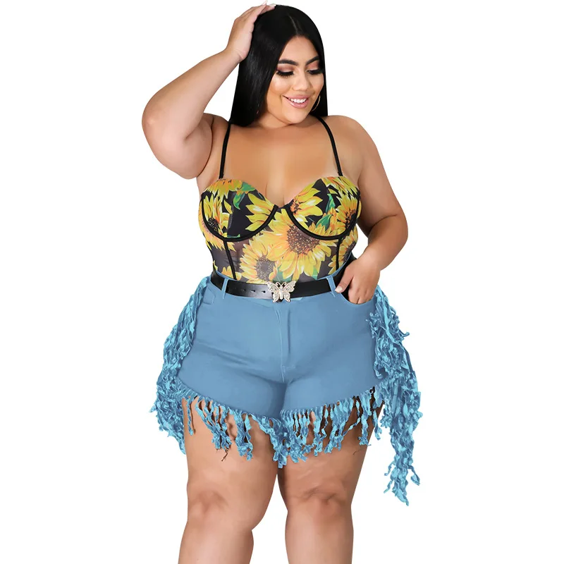 Perl Tassel High Waist Denim Shorts Plus Size Jean Capris Fashion Women Clothing Zipper Sweatpants Casual Leg-opening Pants 2022