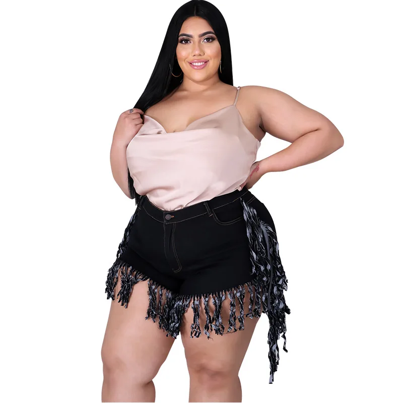 Perl Tassel High Waist Denim Shorts Plus Size Jean Capris Fashion Women Clothing Zipper Sweatpants Casual Leg-opening Pants 2022