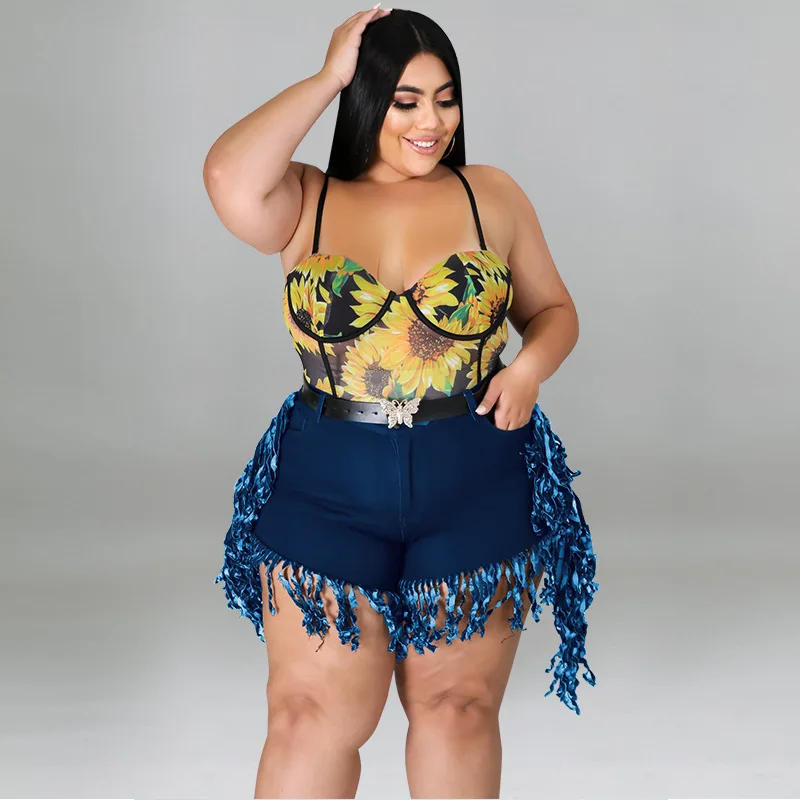 Perl Tassel High Waist Denim Shorts Plus Size Jean Capris Fashion Women Clothing Zipper Sweatpants Casual Leg-opening Pants 2022