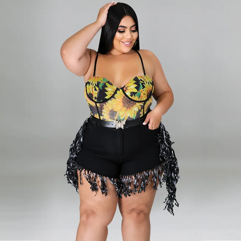 Perl Tassel High Waist Denim Shorts Plus Size Jean Capris Fashion Women Clothing Zipper Sweatpants Casual Leg-opening Pants 2022