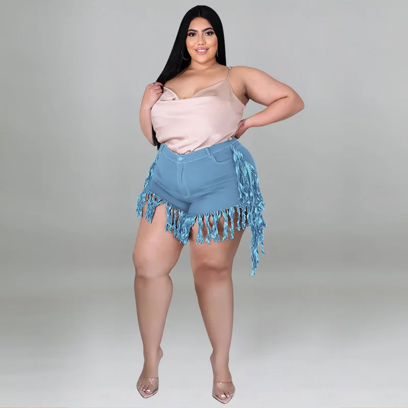 Perl Tassel High Waist Denim Shorts Plus Size Jean Capris Fashion Women Clothing Zipper Sweatpants Casual Leg-opening Pants 2022