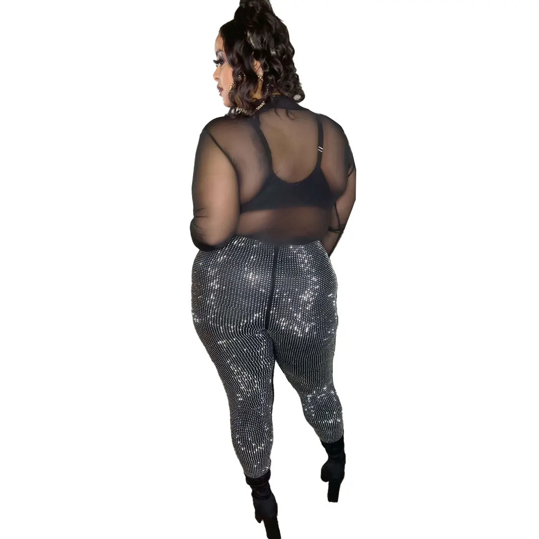 Perl Crystal Diamond Pants Plus Size Women Clothing Mid Waist Stretch Trousers Club Sexy Capris Special Occasion Party Wear