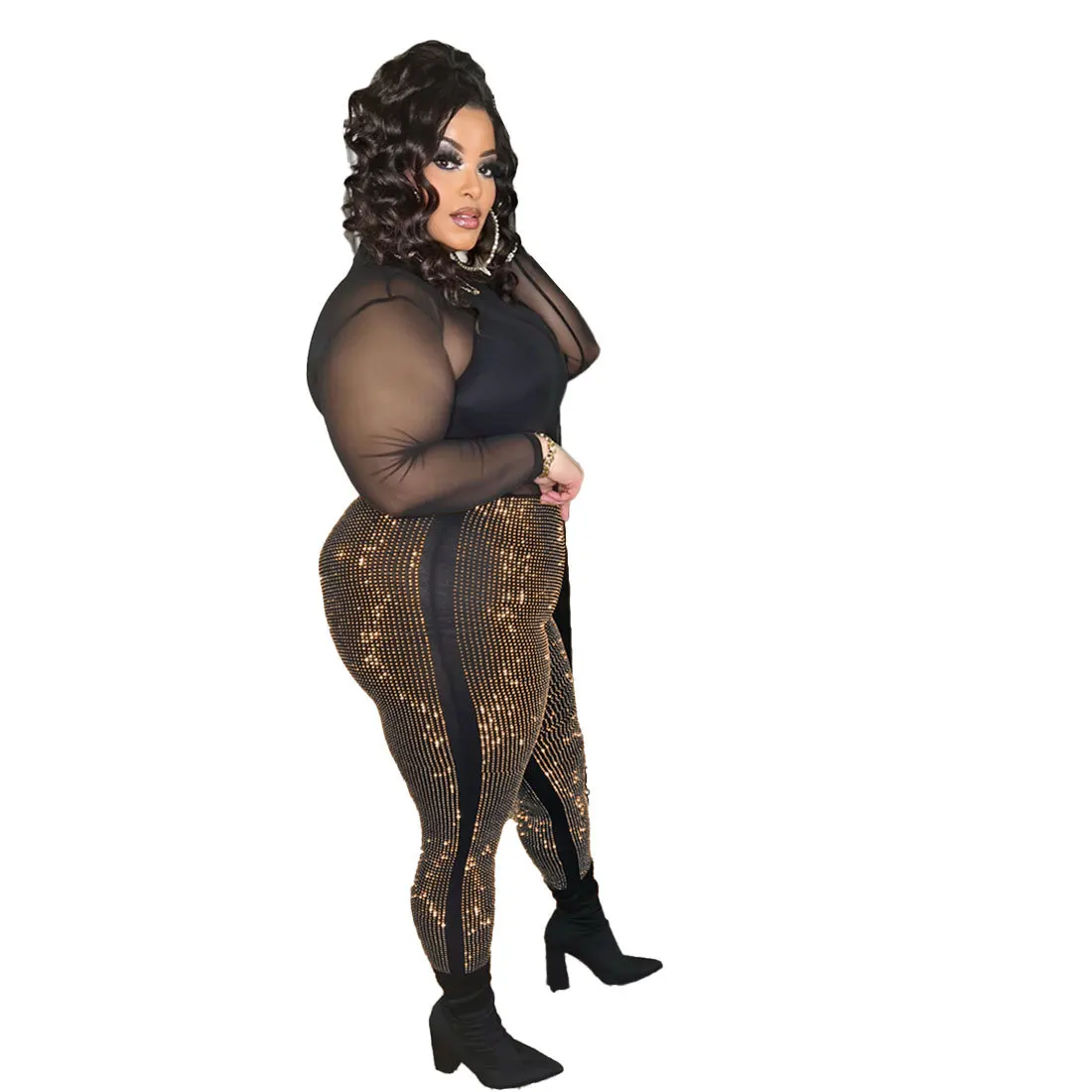 Perl Crystal Diamond Pants Plus Size Women Clothing Mid Waist Stretch Trousers Club Sexy Capris Special Occasion Party Wear