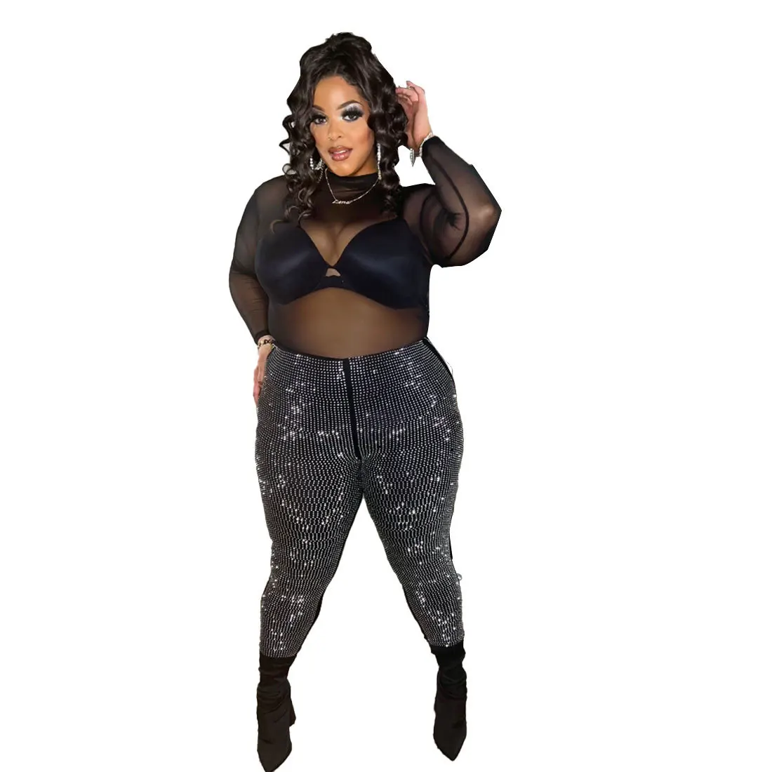 Perl Crystal Diamond Pants Plus Size Women Clothing Mid Waist Stretch Trousers Club Sexy Capris Special Occasion Party Wear