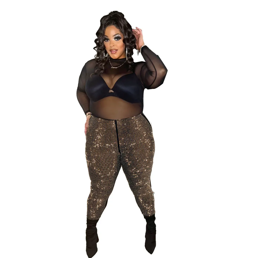 Perl Crystal Diamond Pants Plus Size Women Clothing Mid Waist Stretch Trousers Club Sexy Capris Special Occasion Party Wear