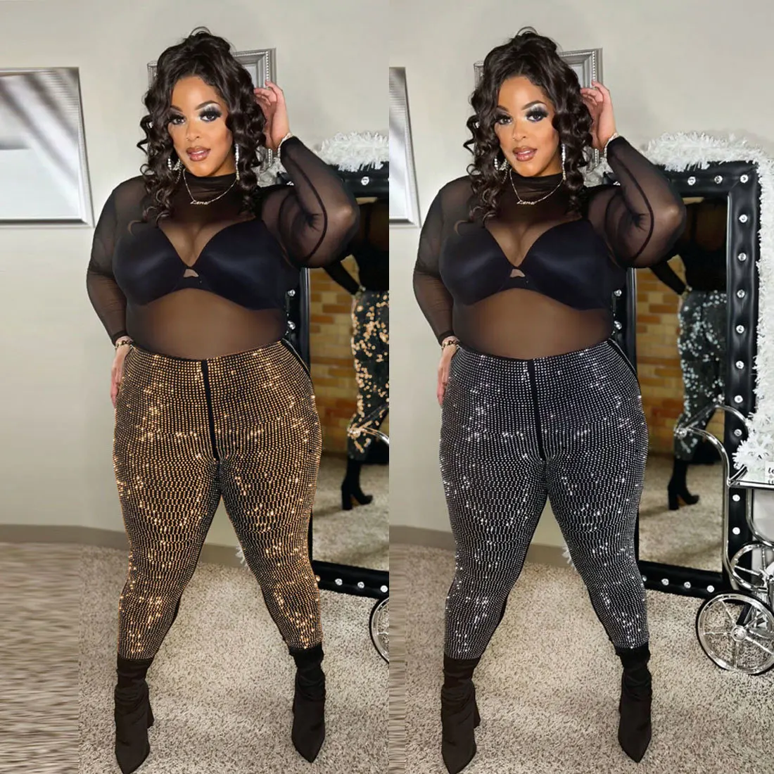 Perl Crystal Diamond Pants Plus Size Women Clothing Mid Waist Stretch Trousers Club Sexy Capris Special Occasion Party Wear