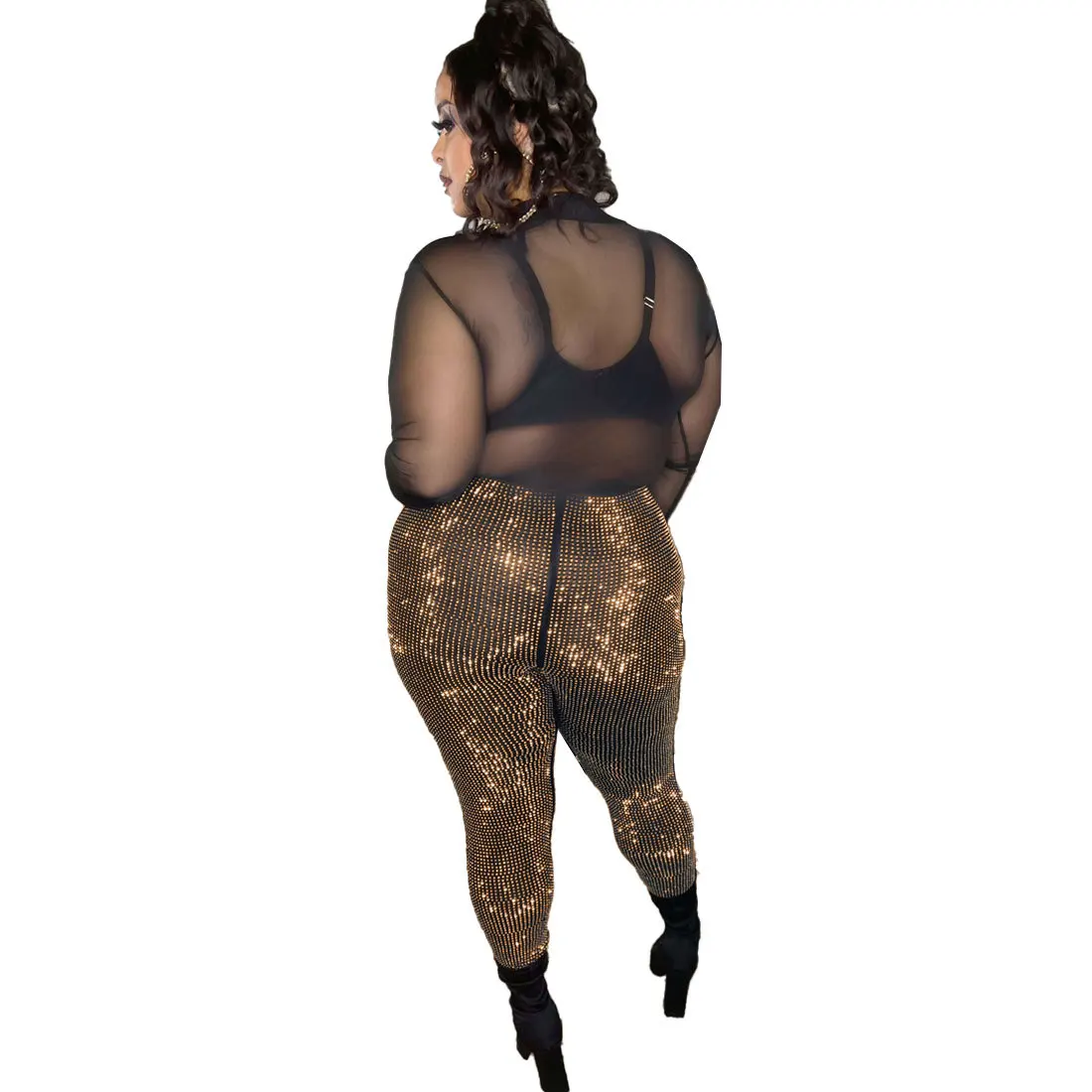 Perl Crystal Diamond Pants Plus Size Women Clothing Mid Waist Stretch Trousers Club Sexy Capris Special Occasion Party Wear
