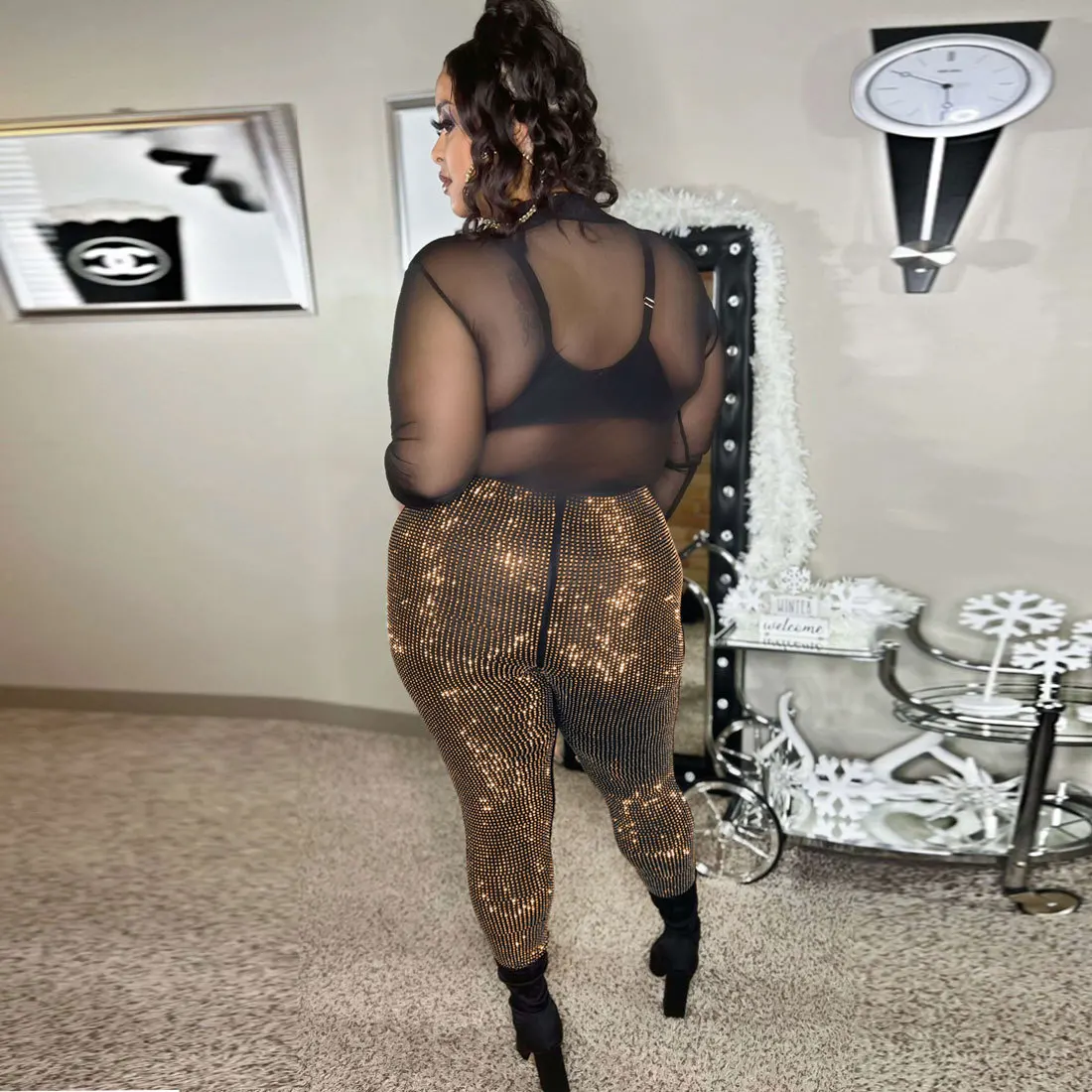 Perl Crystal Diamond Pants Plus Size Women Clothing Mid Waist Stretch Trousers Club Sexy Capris Special Occasion Party Wear